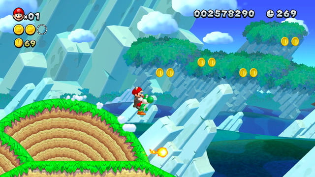 mario running with yoshi throught a green valley