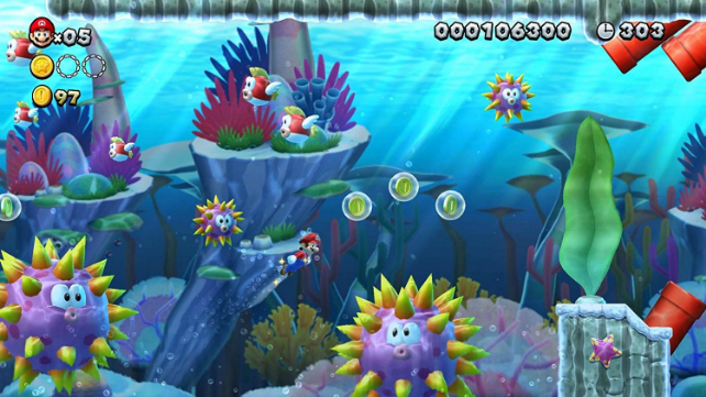 mario swimming throught water dodging pufferfishes