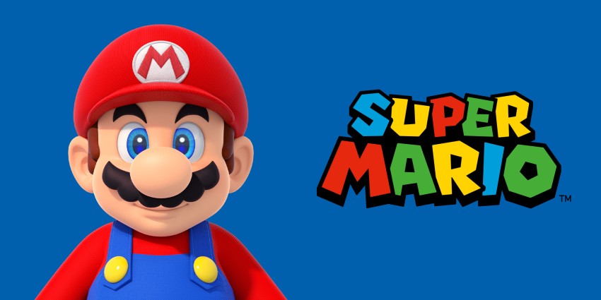 super mario promotional content, mario on the left of the image and a multicolored super mario logo on the right