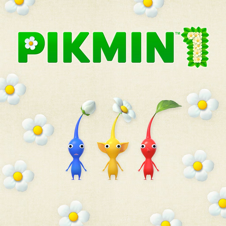 pikmin 1 cover image, there are a blue, yellow and ted pikmin standing looking at the camera