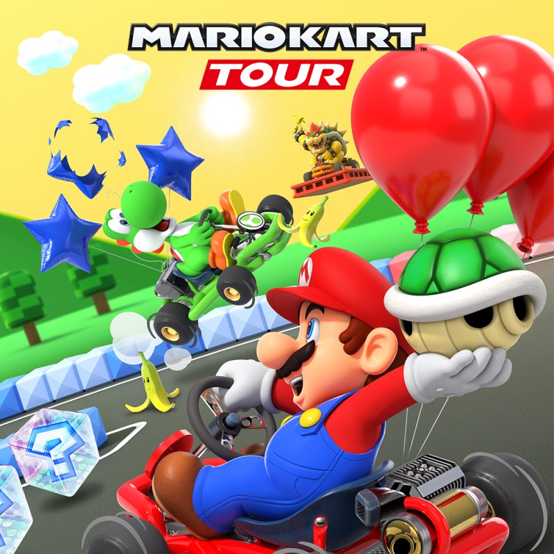 mariokart tour cover image, mario recing with his kart holding a green shell