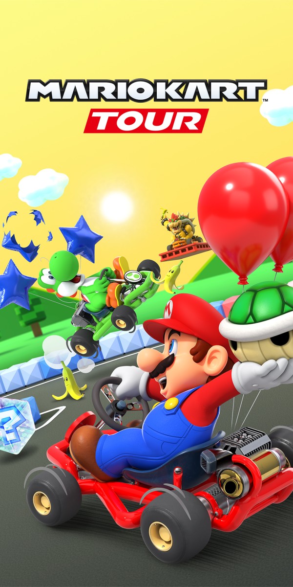 mariokart tour cover image, mario recing with his kart holding a green shell