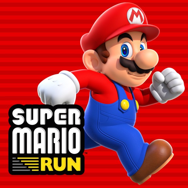super mario run cover image, mario running in front of a red background with grey horizontal lines