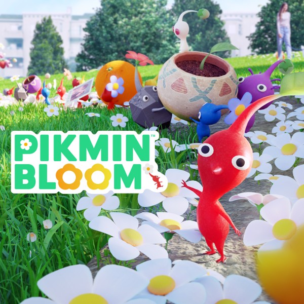 pikmin bloom cover image, a red pikmin waving to the camera and various pikmins behind carrying things