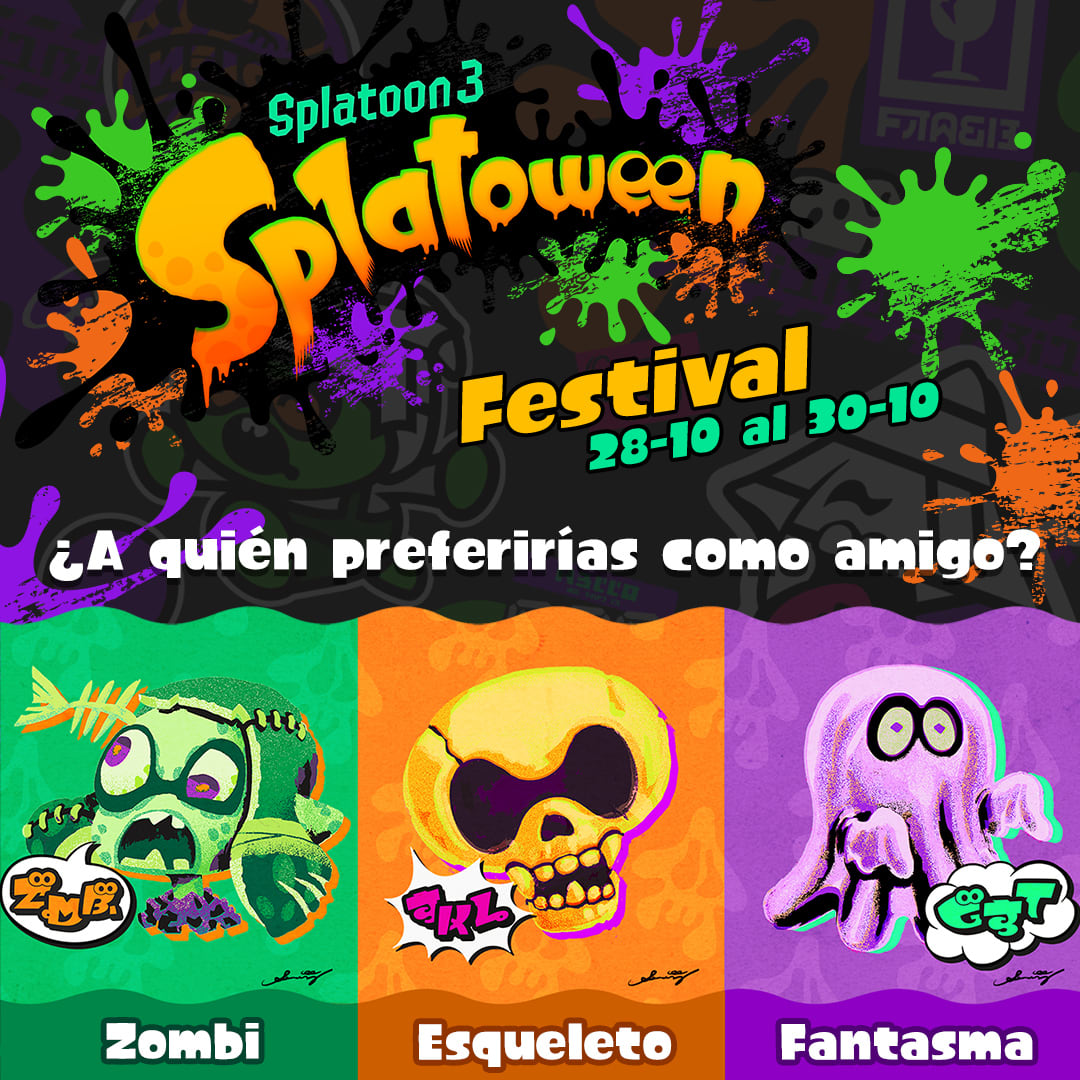 splatoon festival, on the bottom of the imge there is a caricature zombie, skeleton and a ghost