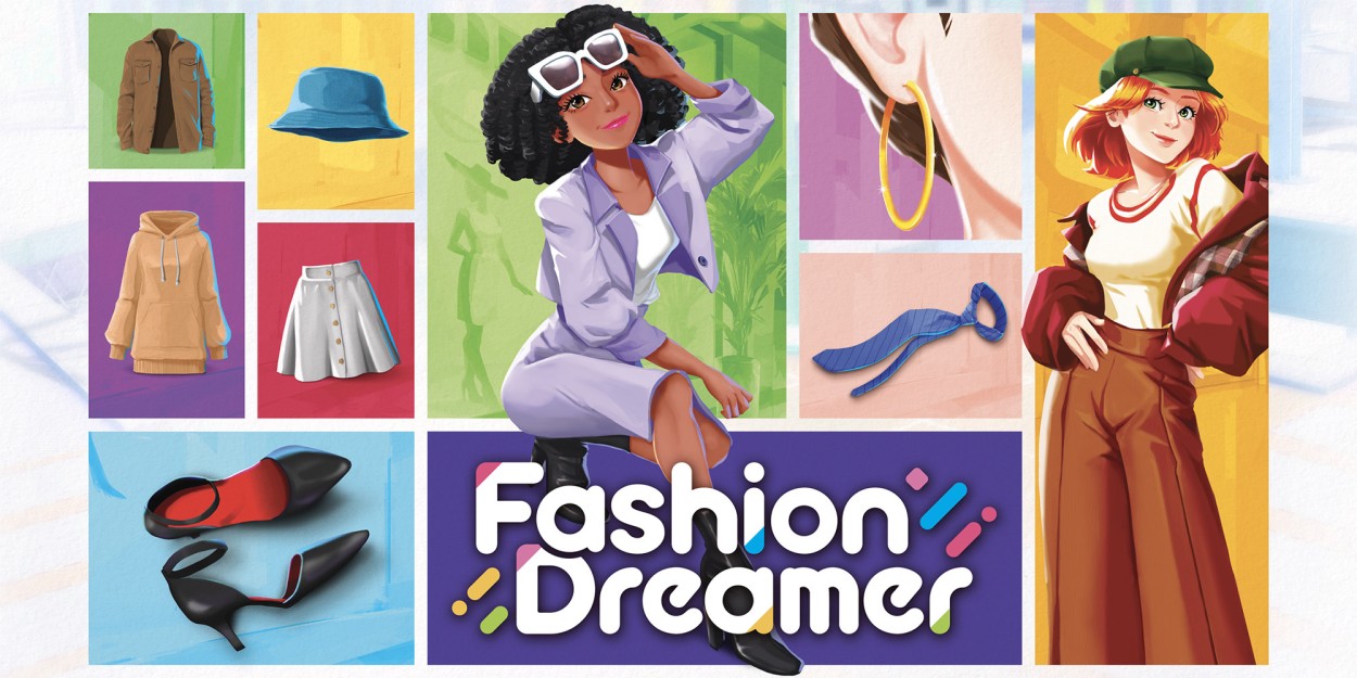 a collage of fashion clothing with two fashion designers posing