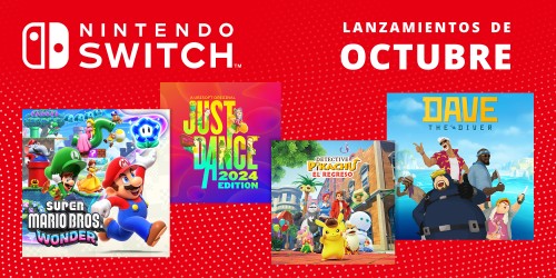 contains various game cover images from left to right, mario bros. wonder, just dance 2024, detective pikachu and dave the diver